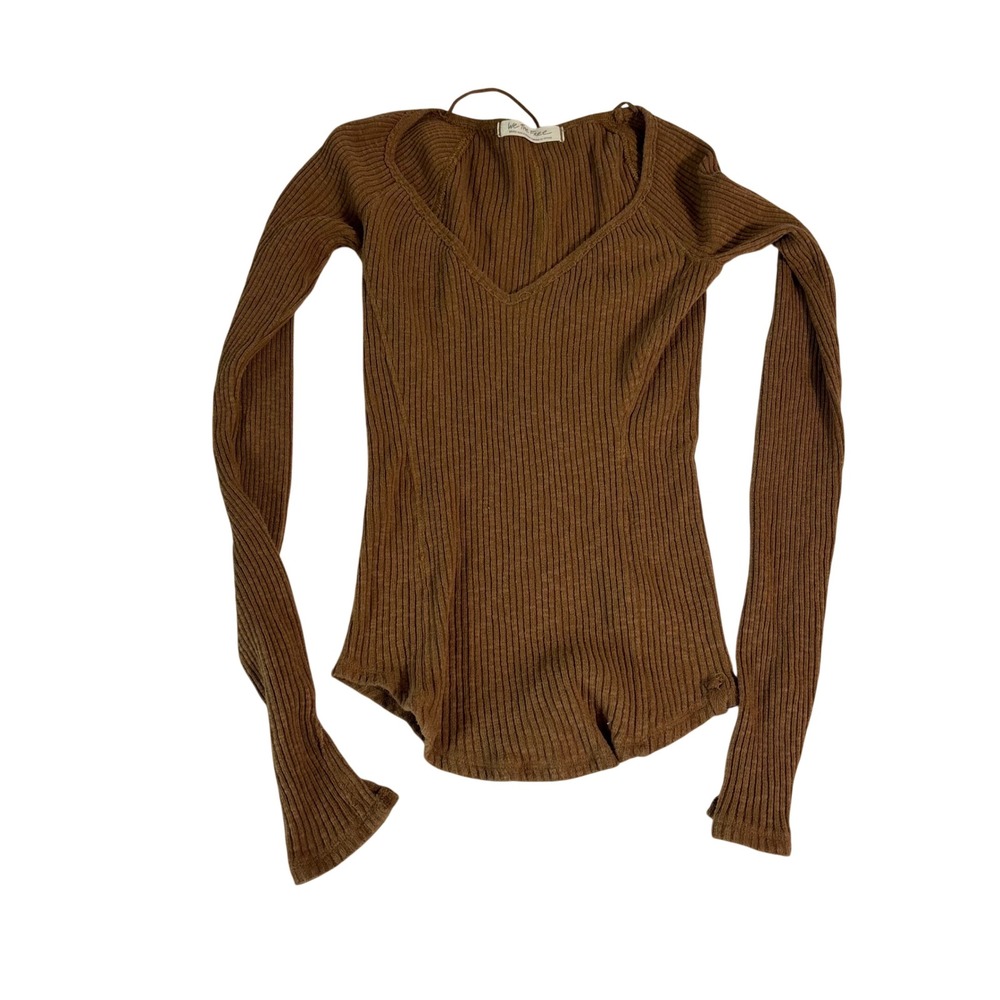 Free People We The Free Brown Ribbed V-Neck Long Sleeve Top Small OB1069502